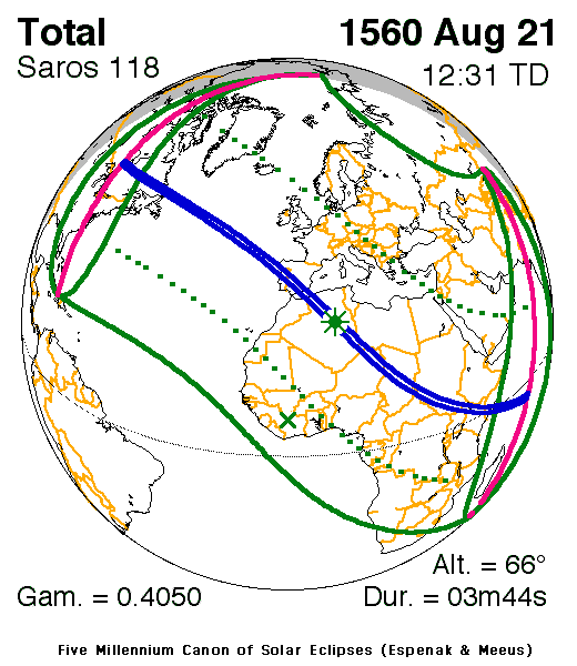 Total Solar Eclipse of 21 Aug, 1560 AD